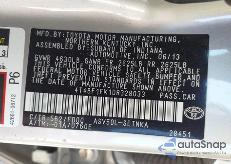 2013 Toyota Camry L/Le/Se/Xle z USA, uszkodzony, nr VIN 4T4BF1FK1DR328033